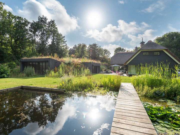 Blick auf eine Haus versteckt im Grünen mit Teich im Vordergrund